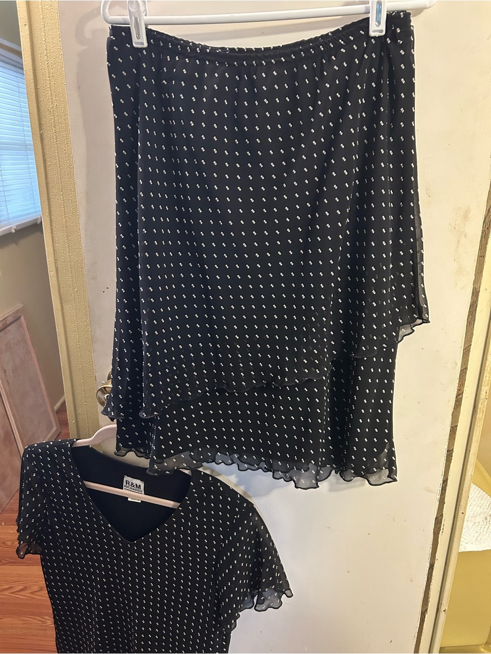 R&M Richards Black Dot-Print Layered Asymmetrical Skirt and Top